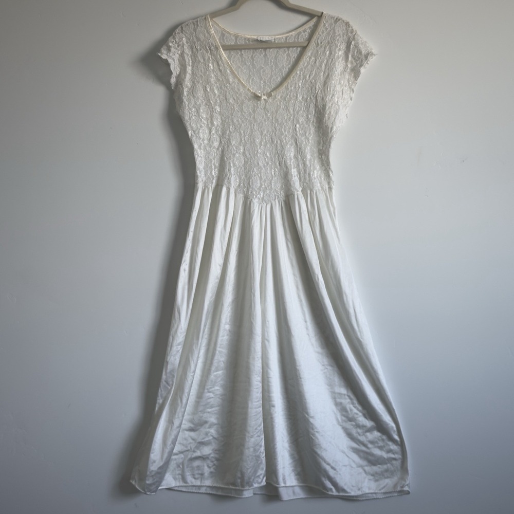 Princess White Lace Slip Dress Sheer Fairy Nightgown Lingerie Nylon Stretch vtg